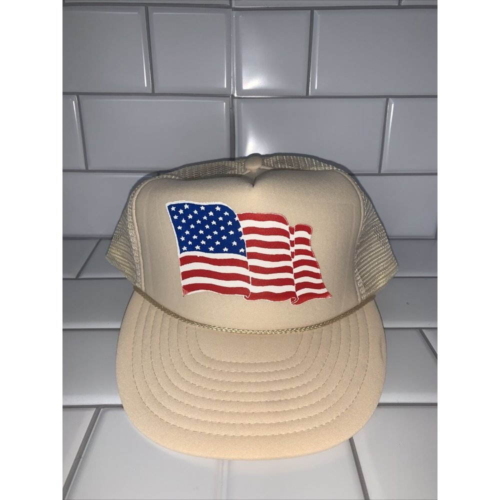 Vintage 90s Attractive Headwear Mens Ivory Snap Back United States Flag Graphic